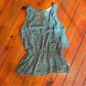 Green Floral Tank Cinched Waist Ruffle Sides Size Large